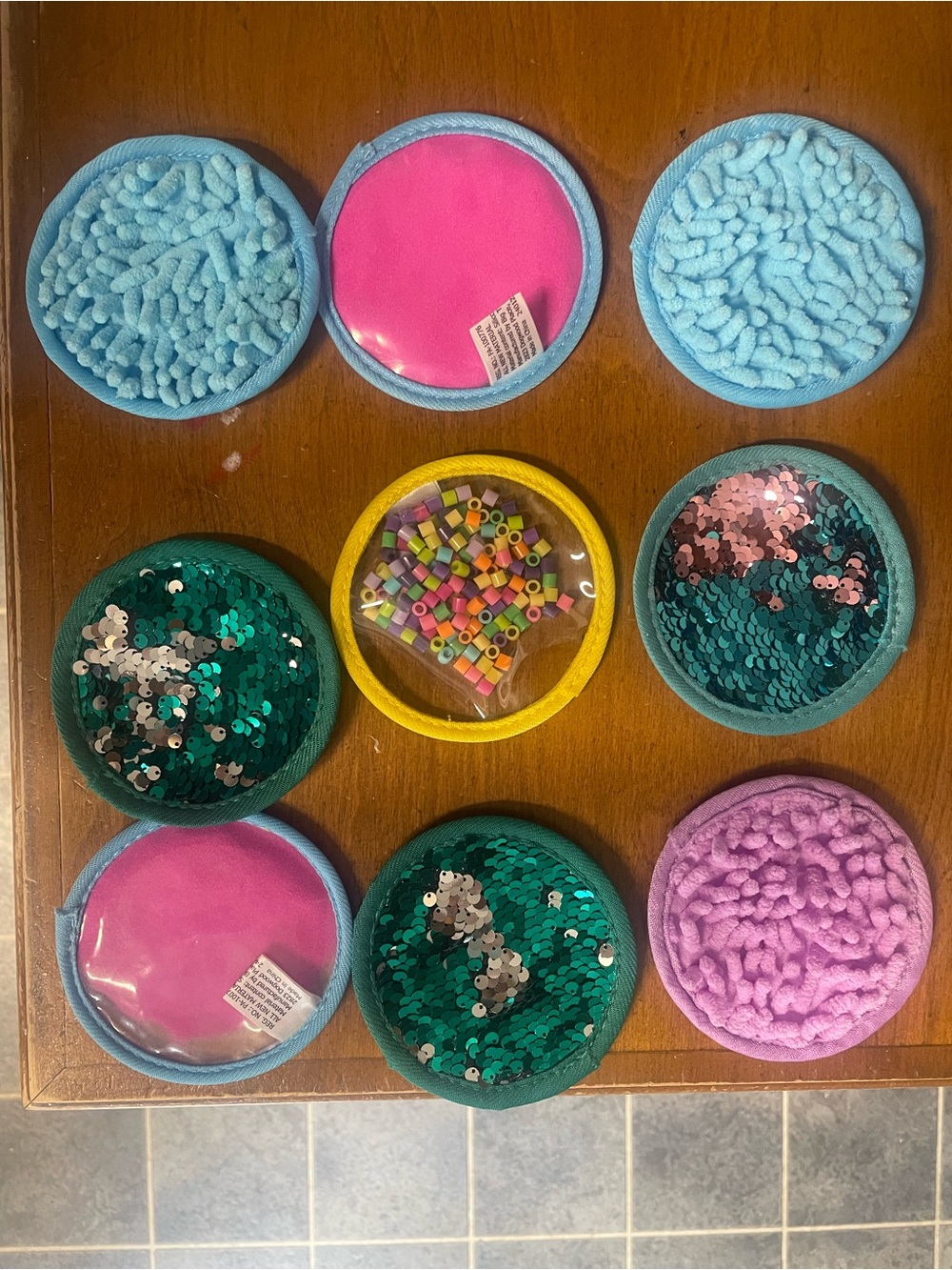 10 Colorful Round Sensory Pads - Sequins & Textured Mix